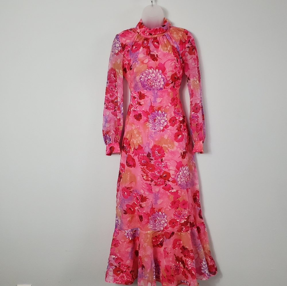 VTG 60s Hot Pink Flower Maxi Dress - US S